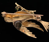 14k Yellow Gold Pin of Bird on a Branch with Genuine Natural Chalcedony (#J6013)