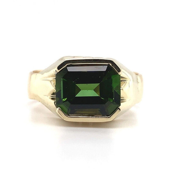 3.73ct Green Genuine Natural Tourmaline 14k Yellow Gold Men's Ring (#J5766)