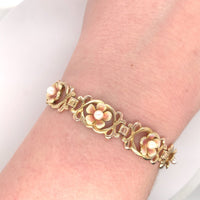 14k Yellow Gold Art Nouveau Enamel Flower Pearl Bracelet Jewelry (#J6091)