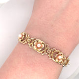 14k Yellow Gold Art Nouveau Enamel Flower Pearl Bracelet Jewelry (#J6091)