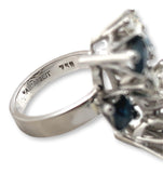 18k White Gold Genuine Natural Sapphire Diamond Modernist Handmade Ring (#J7081)