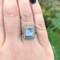 14k White Gold Rainbow Genuine Natural Moonstone Teal Sapphire Ring (#J6261)