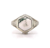 10k White Gold Hexagon Moss Genuine Natural Agate Filigree Ring (#J5749)