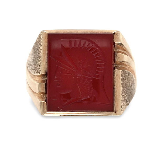 10k Yellow Gold Men's Genuine Carnelian Warrior Intaglio Ring Size 10 (#J7316)