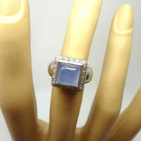 14k White Gold Blue Grey Genuine Natural Chalcedony and Diamond Ring (#J3603)