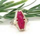 Art Deco 12k Gold Filigree Synthetic Lab-Created Ruby Ring Size 6.25 (#J7506)