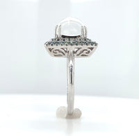 14k White Gold Rainbow Genuine Natural Moonstone Teal Sapphire Ring (#J6261)