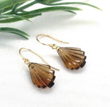 14k Gold Genuine Natural Smoky Quartz Carved Fan Shaped Drop Earrings (#J7519)