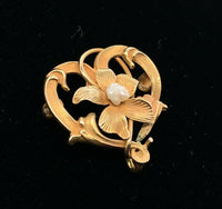 10k Yellow Gold Art Nouveau Watch Pin Flower with Pearl (#J5466)