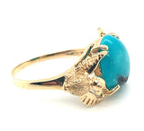 Vintage 14k Yellow Gold Genuine Natural Turquoise Ring with Birds 8.25 (#J5225)