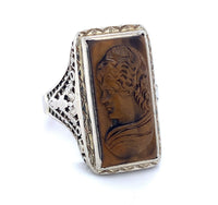 14k White Gold Filigree Genuine Natural Tiger's Eye Cameo Ring (#J4989)