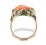 14k Gold Arts and Crafts Handwrought Genuine Natural Coral Cameo Ring  (#J7396)