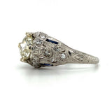 Art Deco Platinum 1.31ct Diamond Ring w/Lab-Created Sapphires GIA Report #J5928