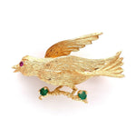 14k Yellow Gold Pin of Bird on a Branch with Genuine Natural Chalcedony (#J6013)