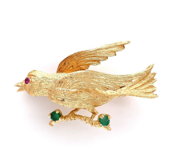 14k Yellow Gold Pin of Bird on a Branch with Genuine Natural Chalcedony (#J6013)