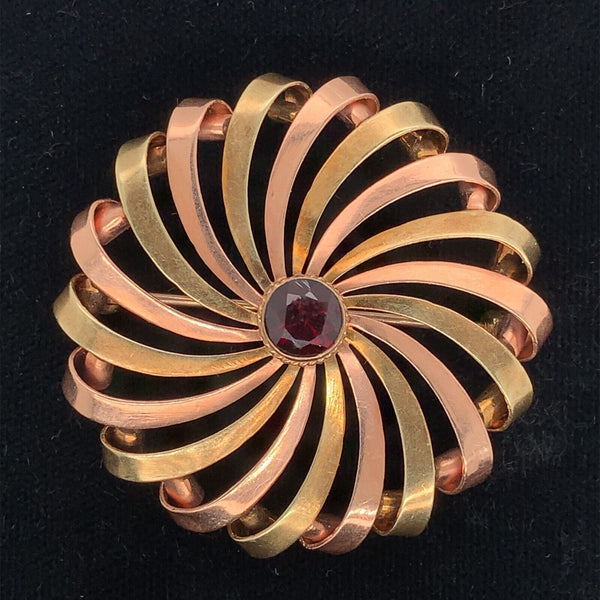 14k Rose and Yellow Gold Retro Genuine Natural Garnet Pinwheel Pin (#J5947)