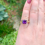 14k Yellow Gold 1.90 Carat Cushion Cut Genuine Natural Amethyst Ring (#J7414)