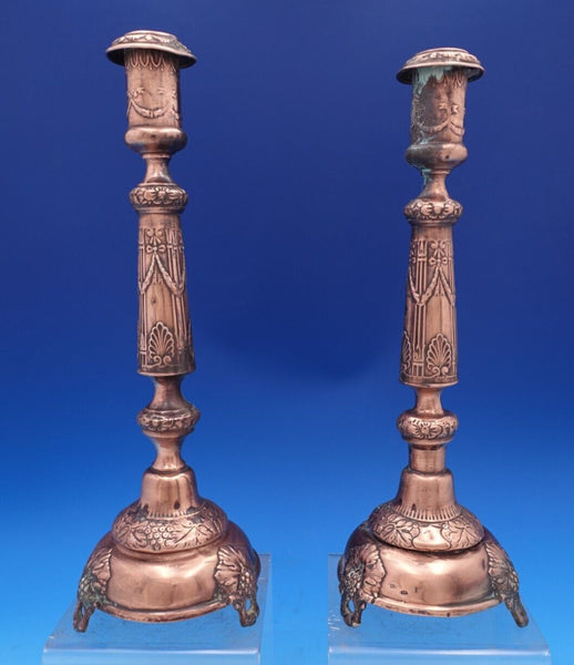 Russian Silver Candlestick Pair with Swags Ribbons Copper Plated (#8300)