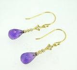 14k Yellow Gold Briolette Genuine Natural Amethyst and Diamond Earrings (#J4478)