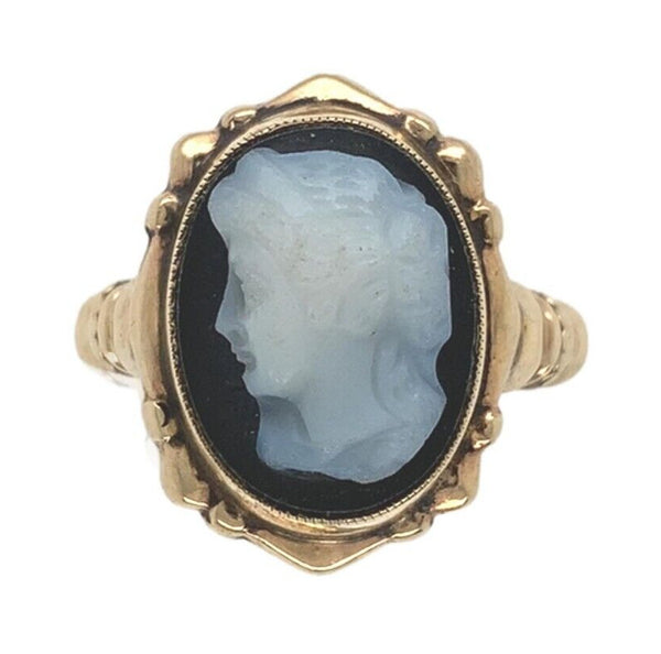 10k Yellow Gold Black and White Genuine Natural Agate Stone Cameo Ring (#J7057)