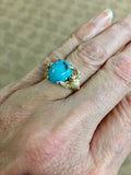 Vintage 14k Yellow Gold Genuine Natural Turquoise Ring with Birds (#J5225)