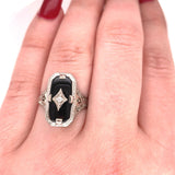 14k White Gold Genuine Natural Onyx Filigree Ring with Diamond Jewelry (#J5708)