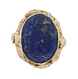 14k Yellow Gold Carved Scarab Genuine Natural Lapis Ring Handwrought  (#J7515)