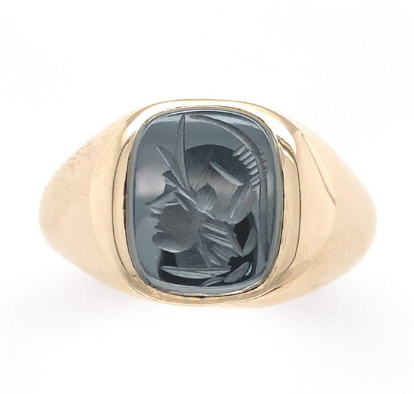 10k Yellow Gold Men's Hematite Warrior Intaglio Ring Size 10.75 (#J6534)