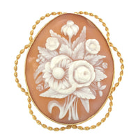10k Gold Genuine Natural Shell Cameo Brooch Pin of a Bouquet of Flowers (#J6692)