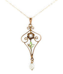 10k Gold Diamond Lavaliere Pendant w/Enamel Leaves Pearl Drop 14k Chain (#J6972)