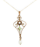 10k Gold Diamond Lavaliere Pendant w/Enamel Leaves Pearl Drop 14k Chain (#J6972)