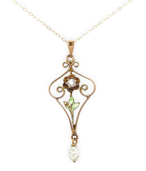 10k Gold Diamond Lavaliere Pendant w/Enamel Leaves Pearl Drop 14k Chain (#J6972)