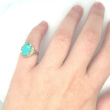 10k Yellow Gold Vintage Genuine Natural Turquoise Ring Applied Flowers (#J5213)