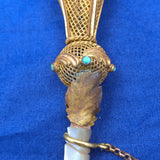 Gilt Tussie Mussie w/ Mesh Cup Mother of Pearl Shell Handle and Turquoise #J7460