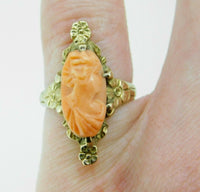 Art Nouveau 10K Yellow Gold Genuine Natural Coral Cameo Ring Floral (#J2227)