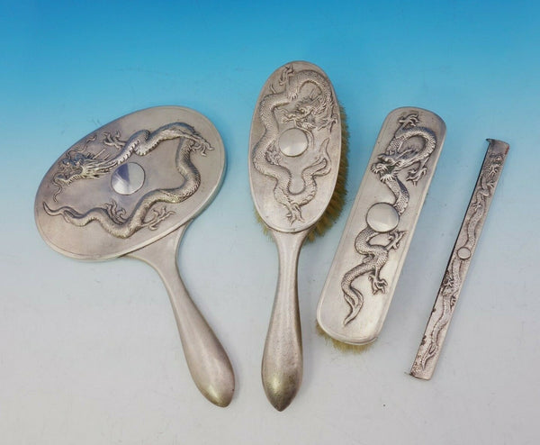 C.J. Co. Chinese Export Sterling Silver Dresser Set 4pc with Dragons (#3568)