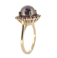 14k White Gold 9.5mm Black Tahitian Pearl and Raspberry Sapphire Ring (#J7019)