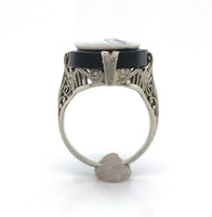 18k White Gold Art Deco Filigree Genuine Natural Stone Cameo Ring (#J6214)