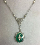 10k White Gold Green Onyx and Diamond Deco Pendant (#J5319)