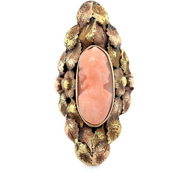 14k Yellow Gold Arts and Crafts Genuine Natural Coral Cameo Flower Ring (#J4991)