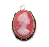 14k Gold Genuine Natural Hard Stone Carnelian Agate Cameo Pin Pendant (#J5133)