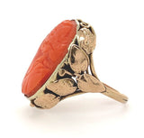 10k Yellow Gold Genuine Natural Coral Cameo Ring Arts and Crafts Leaves (#J6031)