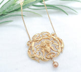18k Gold French Bouquet of Flowers Necklace w/ Pearl Drop and 18k Chain (#J7528)