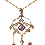 10k Yellow Gold Lavaliere with Seed Pearls and Purple Paste Stones (#J6057)