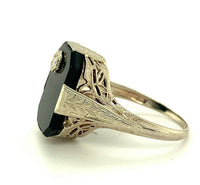 14k White Gold Filigree Genuine Natural Black Onyx Diamond Ring (#J5307)