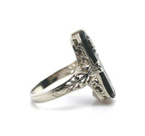 14k White Gold Art Deco Genuine Natural Black Onyx Ring w/Carved Flower (#J5413)