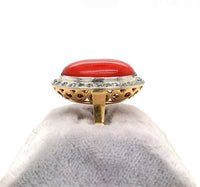 18k Gold and Platinum Genuine Natural Ox Blood Coral and Diamond Ring (#J5398)