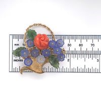14k Gold Carved Coral and Chalcedony Flower and Jade Leaf Basket Pin (#J6237)