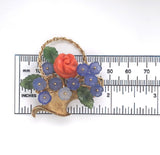 14k Gold Carved Coral and Chalcedony Flower and Jade Leaf Basket Pin (#J6237)
