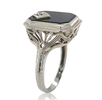 18k Gold Filigree Genuine Natural Black Onyx Ring with Corner Diamond (#J6613)